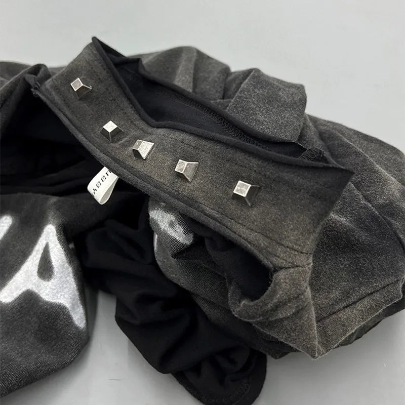 Karrcat Grunge Aesthetics Distressed Shirt Cyber Y2K Black Blouses Gothic Graffiti Print Shirts Yamamoto Style V-Neck Clothes