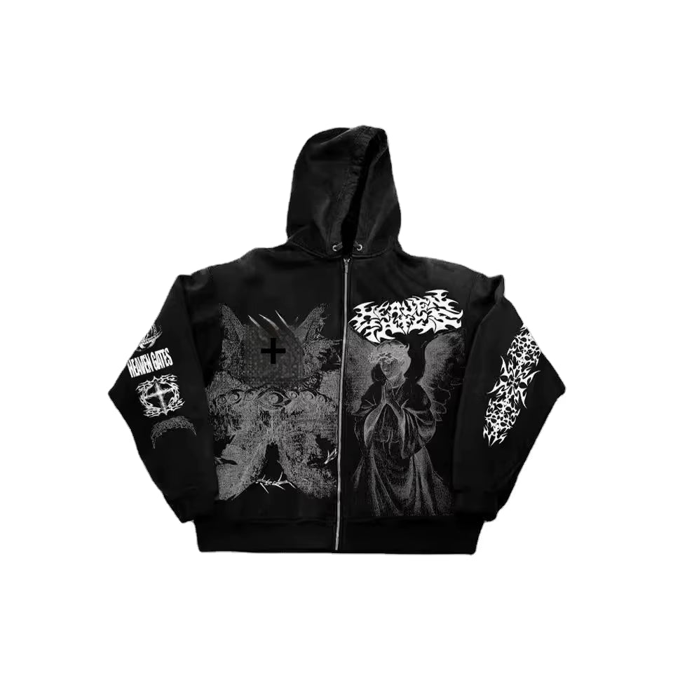 American Style Autumn New Angel Print Hooded Zipper Front Logo Regular Sleeve Unisex Loose Y2K Retro Polyester Hoodie