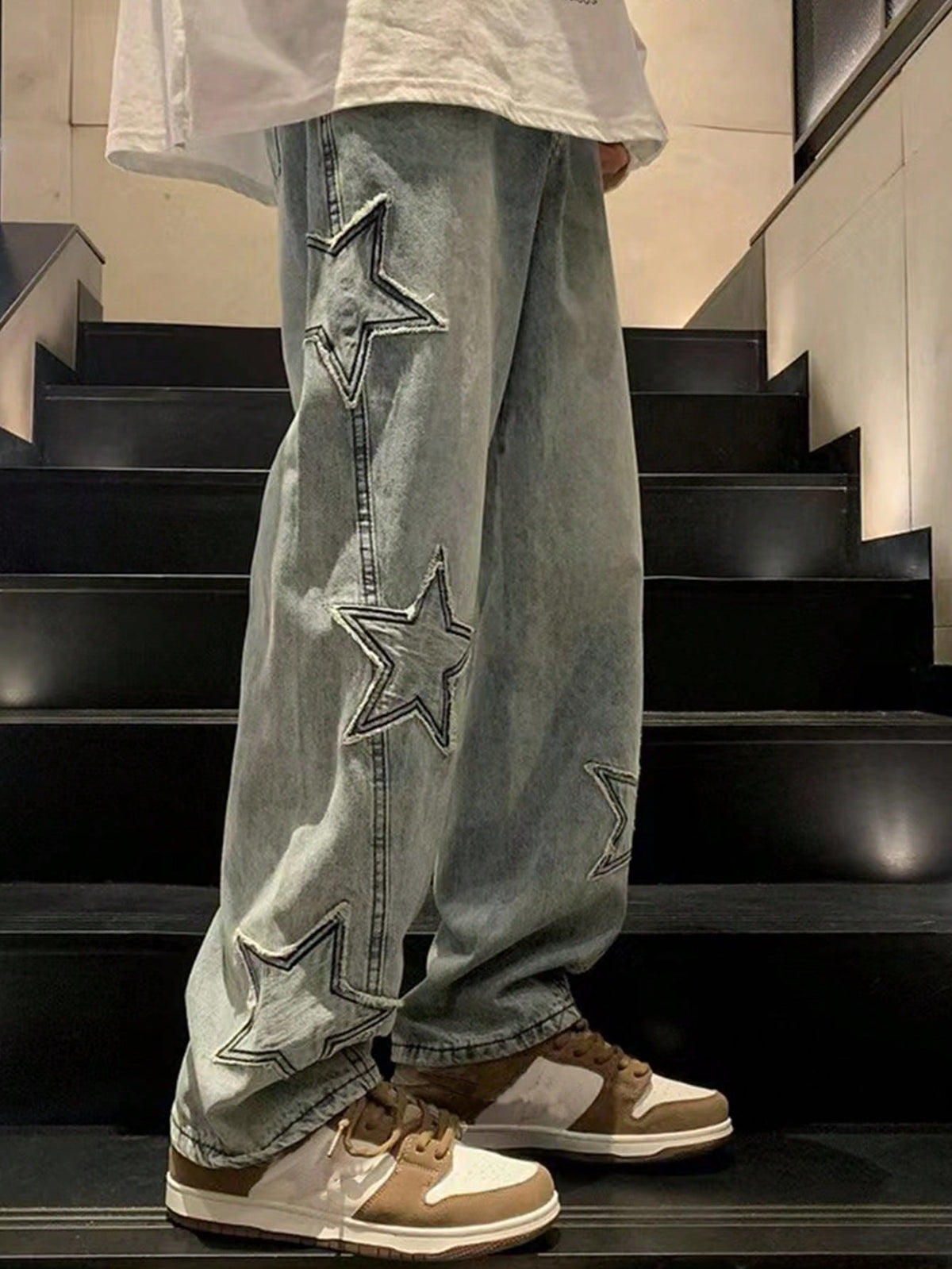 ROMWE MEN Anime Spring Casual Graphic Men'S Casual Baggy Jeans with Star-Shaped Patches, School