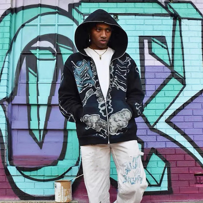 Cactus Jack Baggy Skull Skeleton Hoodie Zip up Plush Pullover Cardigan Oversized Zipper Hoodies Y2K Streetwear Men Clothes