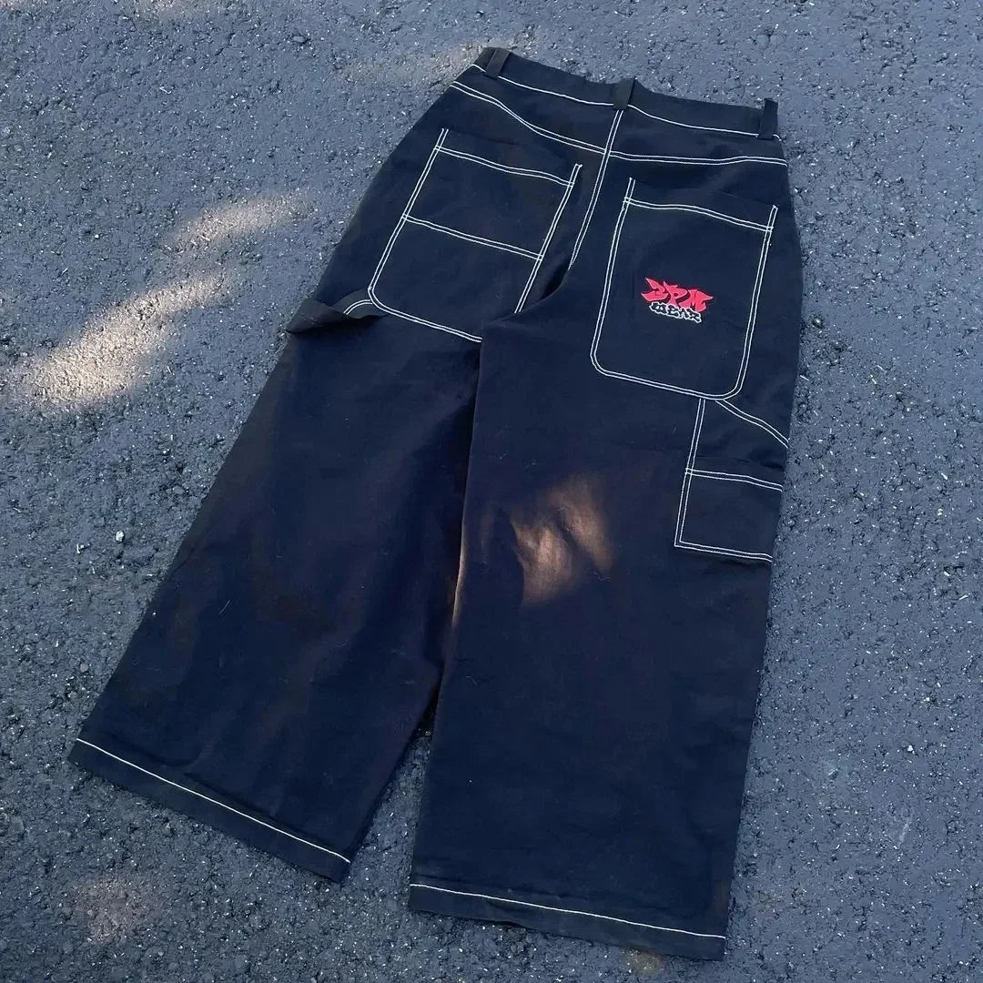 Y2K Bat Animal Embroidery Baggy Jeans Vintage Men Black Washed Hip Hop Goth Denim Pants Fashion Women Straight Wide Leg Trousers