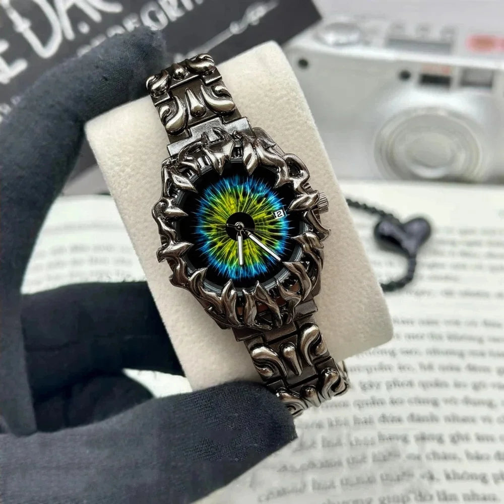 Green Devil Punk Eye Y2K Quartz Watch Men Alabaster Industries Carving Demon Claw Men Watch Unique Creative Men Medieval Clock