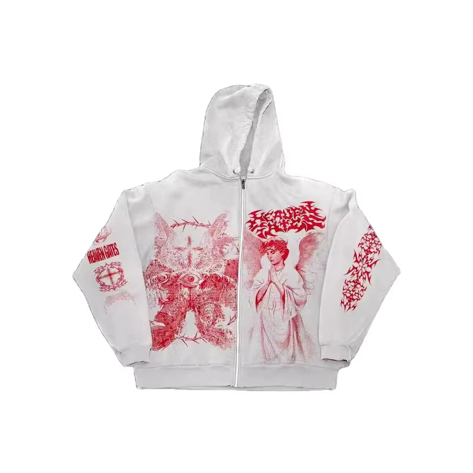 American Style Autumn New Angel Print Hooded Zipper Front Logo Regular Sleeve Unisex Loose Y2K Retro Polyester Hoodie