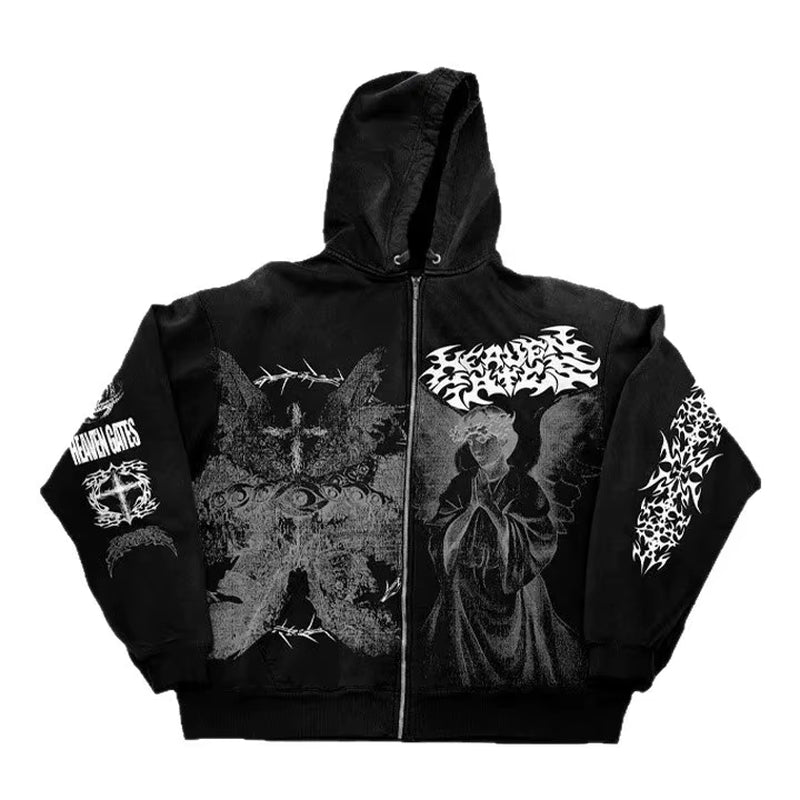 American Style Autumn New Angel Print Hooded Zipper Front Logo Regular Sleeve Unisex Loose Y2K Retro Polyester Hoodie