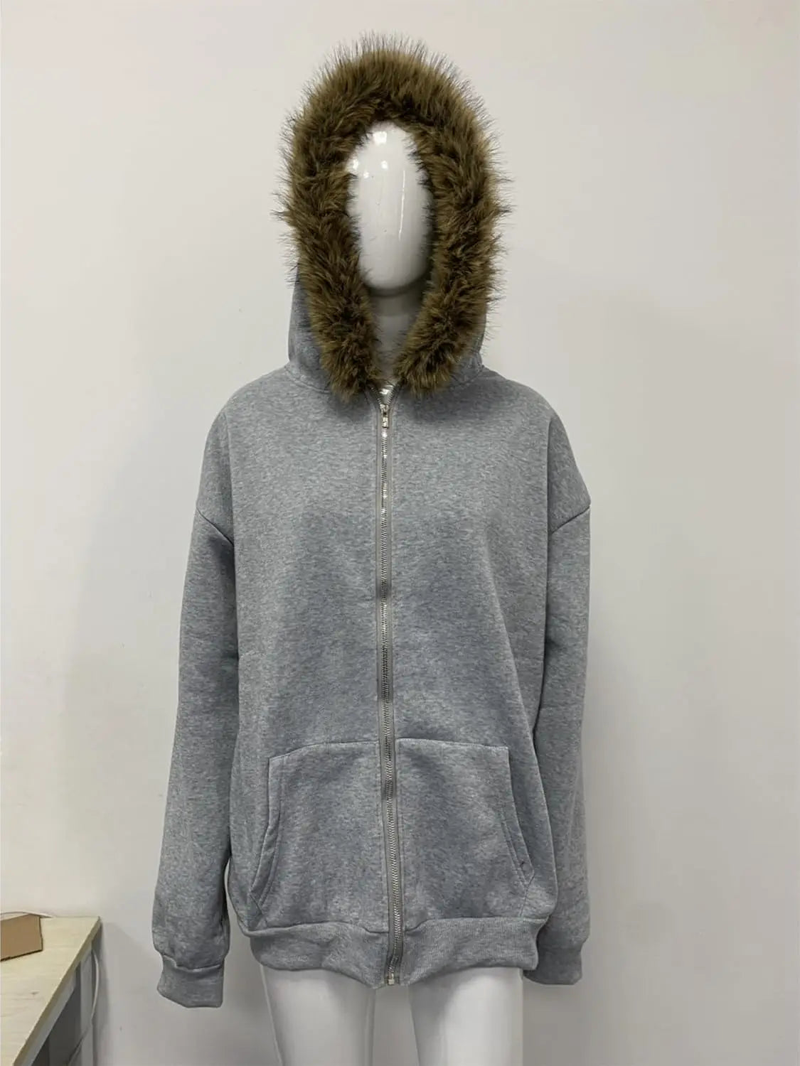 2000S Vintage Therian Fur Hood Jacket Y2K Goth Zip up Hoodie Oversized Graphic Sweatshirt Emo Grunge Streetwear Fall Winter 2025