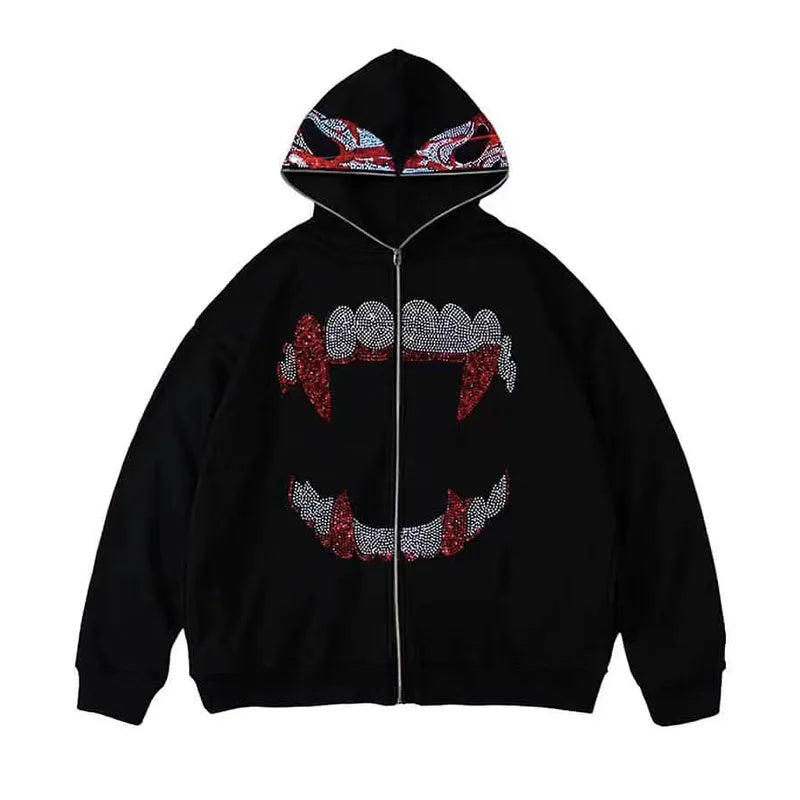 Y2K Rhinestones Zip up Hoodies Men Gothic Long Sleeve Jackets Hoodies Fashion Streetwear Women Oversize Sweatshirt Men Clothing