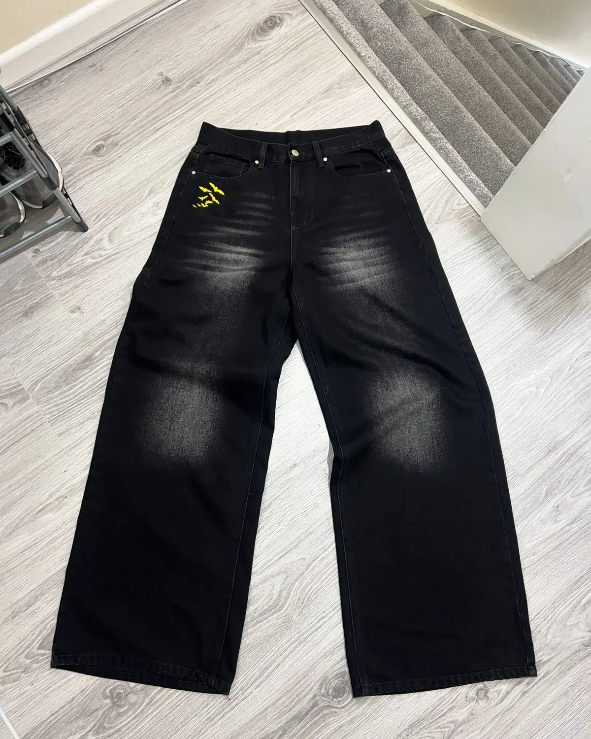 Y2K Bat Animal Embroidery Baggy Jeans Vintage Men Black Washed Hip Hop Goth Denim Pants Fashion Women Straight Wide Leg Trousers