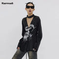 Karrcat Grunge Aesthetics Distressed Shirt Cyber Y2K Black Blouses Gothic Graffiti Print Shirts Yamamoto Style V-Neck Clothes
