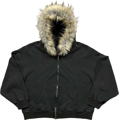 2000S Vintage Therian Fur Hood Jacket Y2K Goth Zip up Hoodie Oversized Graphic Sweatshirt Emo Grunge Streetwear Fall Winter 2025