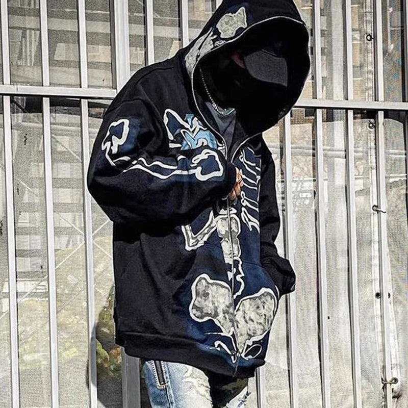 Cactus Jack Baggy Skull Skeleton Hoodie Zip up Plush Pullover Cardigan Oversized Zipper Hoodies Y2K Streetwear Men Clothes