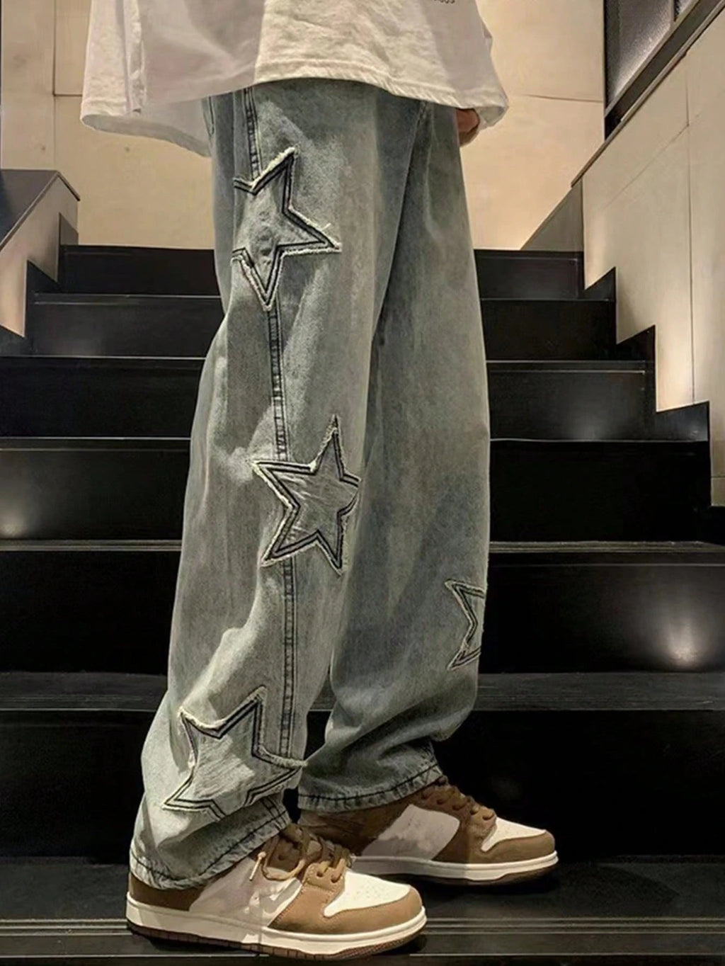 ROMWE MEN Anime Spring Casual Graphic Men'S Casual Baggy Jeans with Star-Shaped Patches, School
