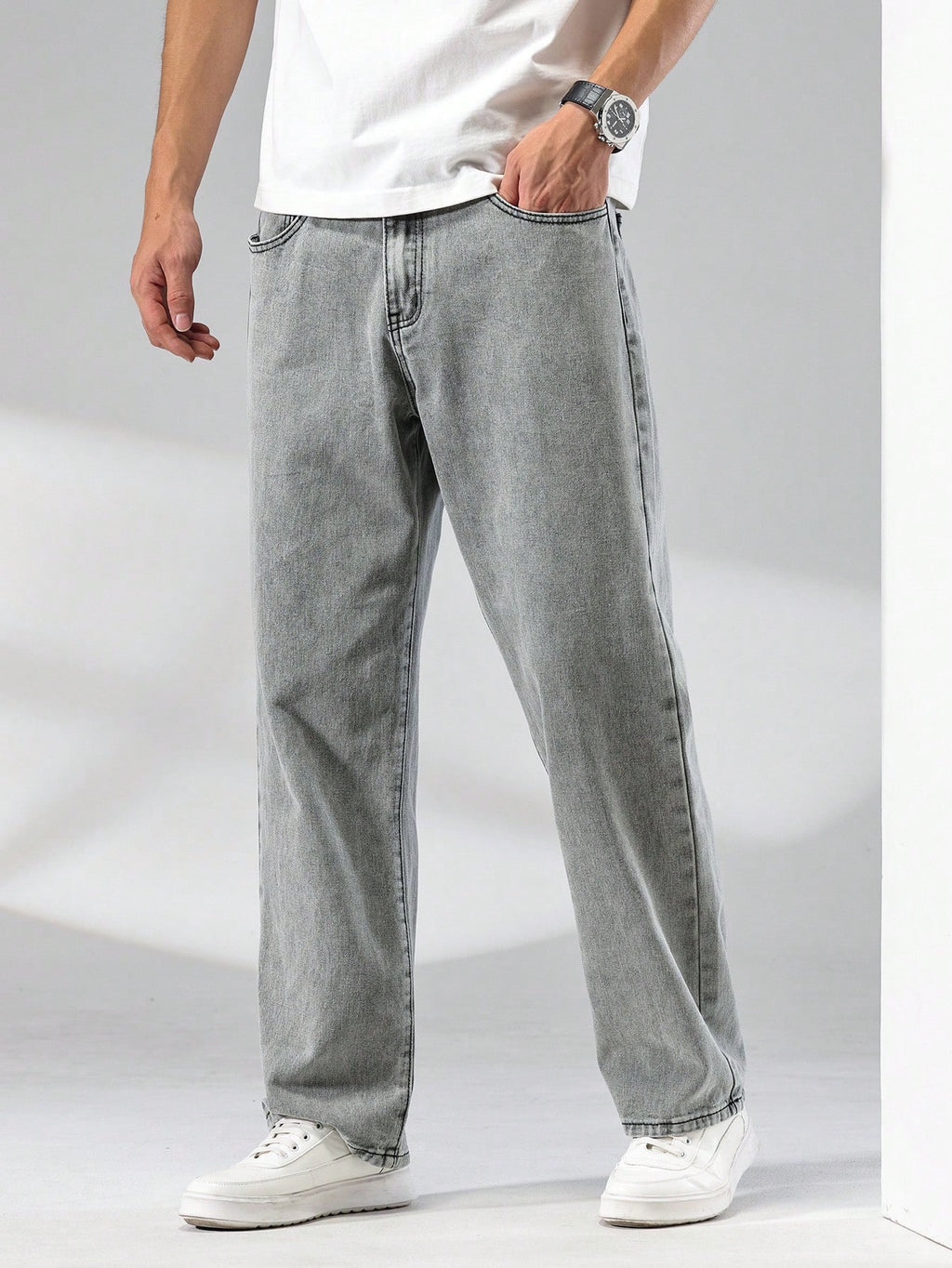 Quarkem Men\ Solid Straight Leg Jeans, Grey Baggy Jeans Men, Loose Jeans Pants for Men, Men'S Grey Jeans, Baggy Jeans