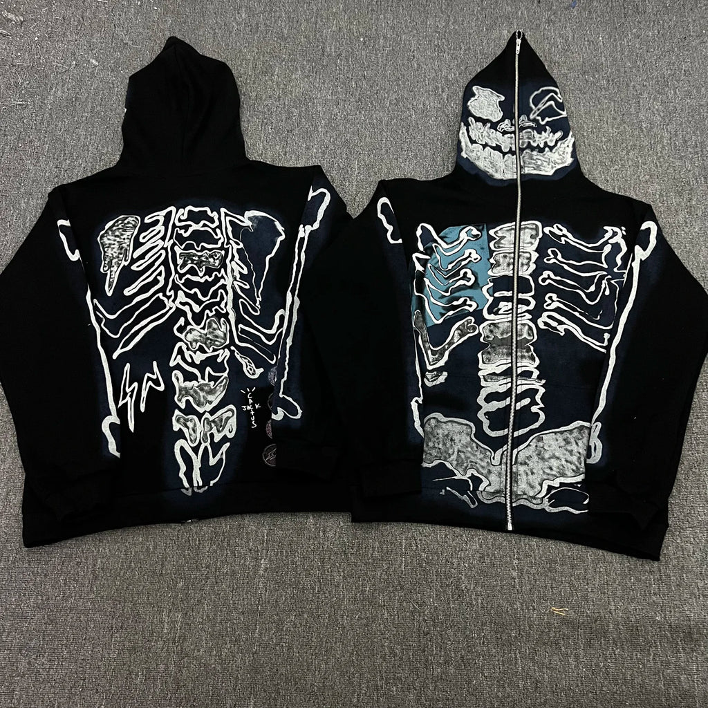 Cactus Jack Baggy Skull Skeleton Hoodie Zip up Plush Pullover Cardigan Oversized Zipper Hoodies Y2K Streetwear Men Clothes