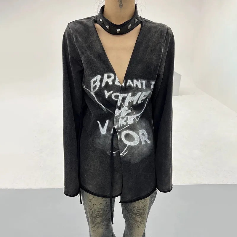 Karrcat Grunge Aesthetics Distressed Shirt Cyber Y2K Black Blouses Gothic Graffiti Print Shirts Yamamoto Style V-Neck Clothes