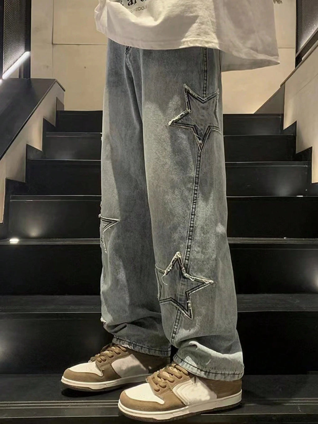 ROMWE MEN Anime Spring Casual Graphic Men'S Casual Baggy Jeans with Star-Shaped Patches, School