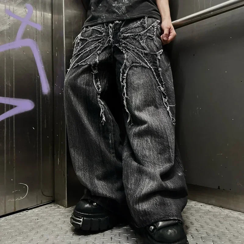 Vintage Y2K Baggy Jeans Splicing Embroidery Pattern High Quality Jeans Hip Hop Gothic Streetwear Men Women Casual Wide Leg Jeans