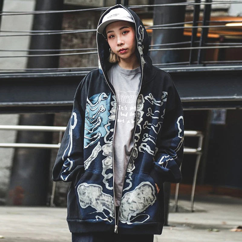 Cactus Jack Baggy Skull Skeleton Hoodie Zip up Plush Pullover Cardigan Oversized Zipper Hoodies Y2K Streetwear Men Clothes