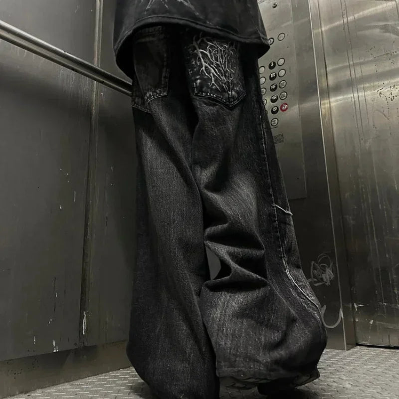 Vintage Y2K Baggy Jeans Splicing Embroidery Pattern High Quality Jeans Hip Hop Gothic Streetwear Men Women Casual Wide Leg Jeans