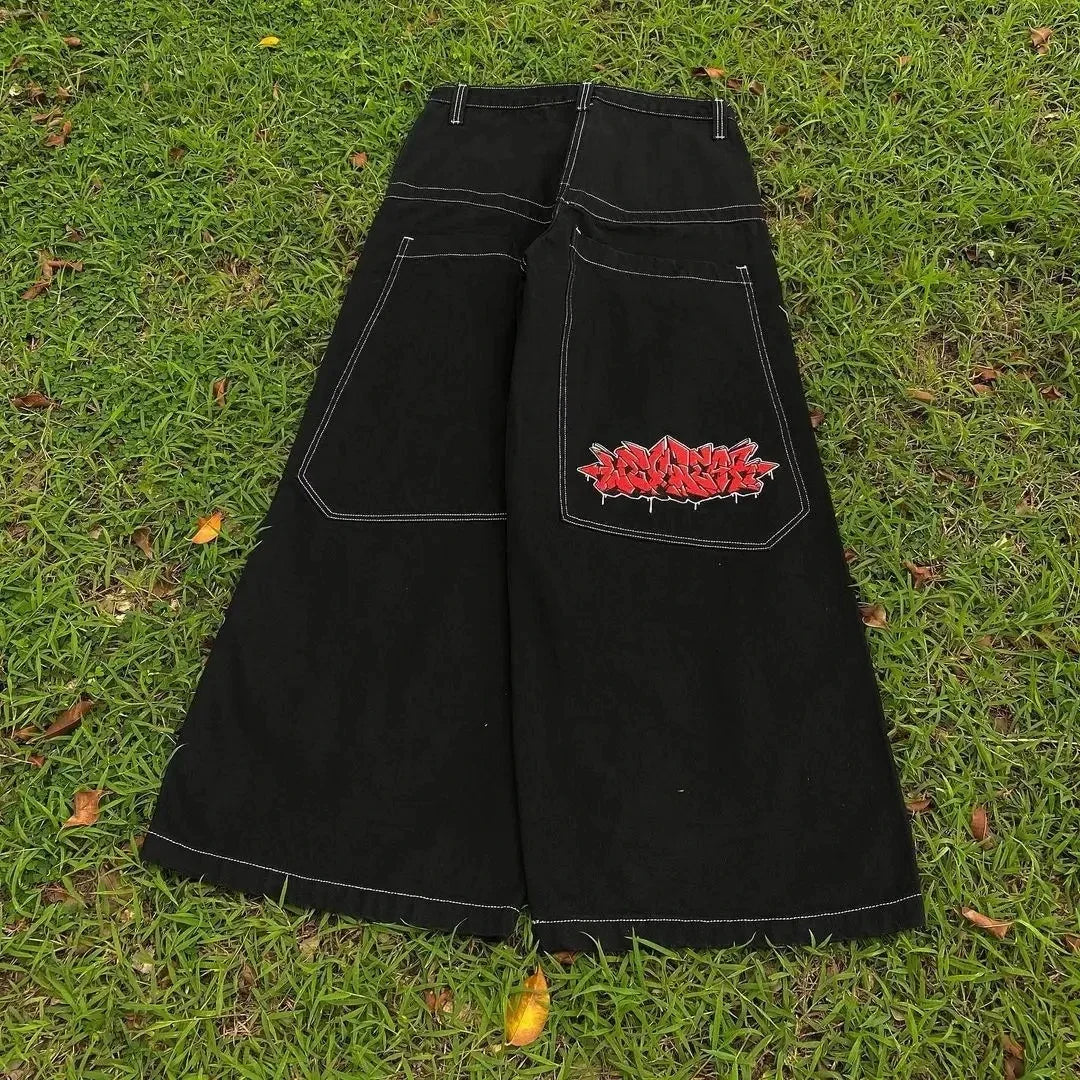 Y2K Bat Animal Embroidery Baggy Jeans Vintage Men Black Washed Hip Hop Goth Denim Pants Fashion Women Straight Wide Leg Trousers