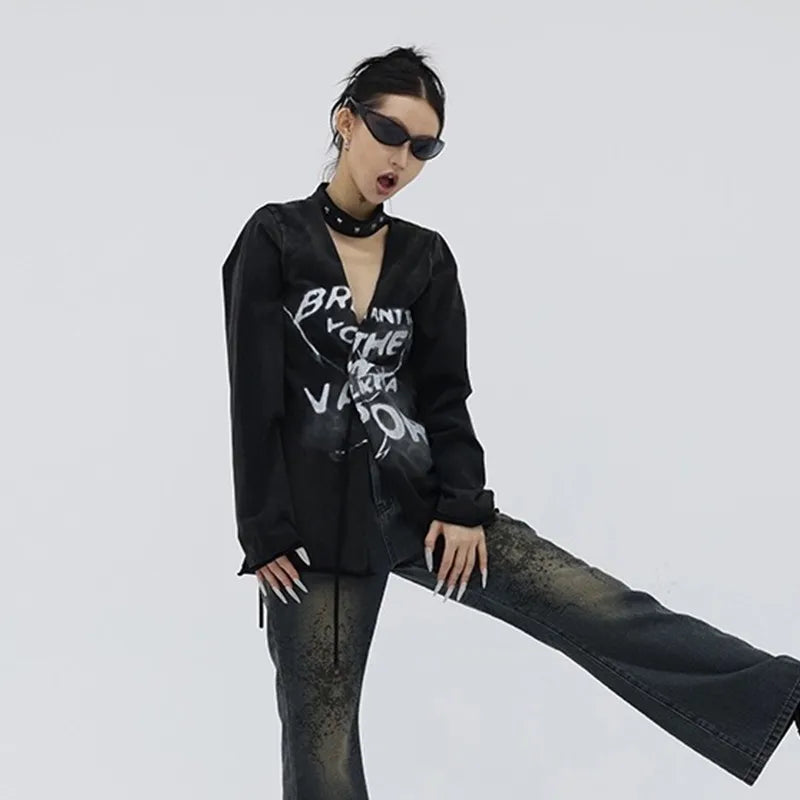 Karrcat Grunge Aesthetics Distressed Shirt Cyber Y2K Black Blouses Gothic Graffiti Print Shirts Yamamoto Style V-Neck Clothes