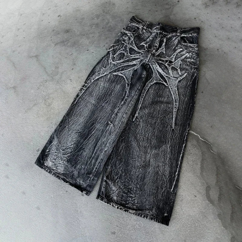 Vintage Y2K Baggy Jeans Splicing Embroidery Pattern High Quality Jeans Hip Hop Gothic Streetwear Men Women Casual Wide Leg Jeans