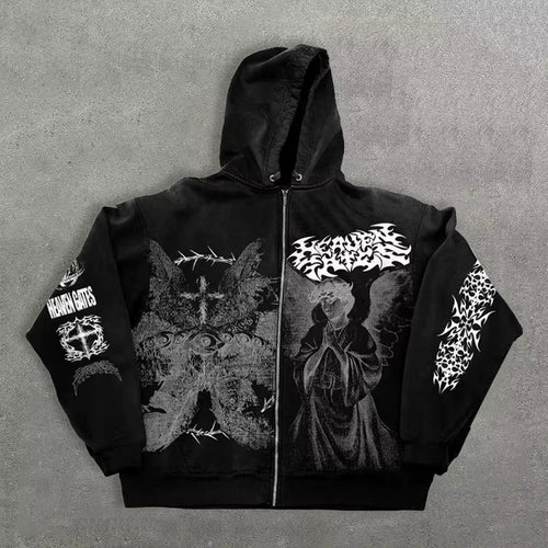 American Style Autumn New Angel Print Hooded Zipper Front Logo Regular Sleeve Unisex Loose Y2K Retro Polyester Hoodie