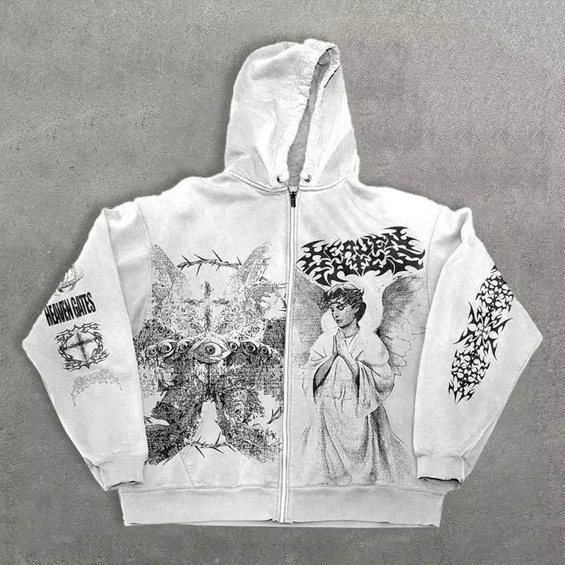 American Style Autumn New Angel Print Hooded Zipper Front Logo Regular Sleeve Unisex Loose Y2K Retro Polyester Hoodie