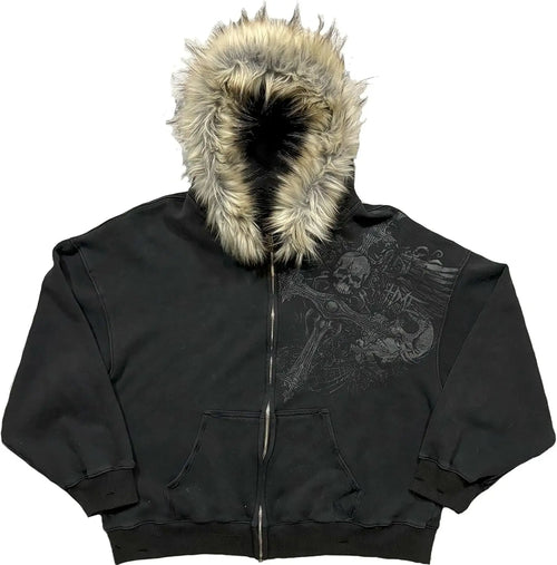 2000S Vintage Therian Fur Hood Jacket Y2K Goth Zip up Hoodie Oversized Graphic Sweatshirt Emo Grunge Streetwear Fall Winter 2025