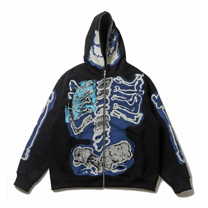 Cactus Jack Baggy Skull Skeleton Hoodie Zip up Plush Pullover Cardigan Oversized Zipper Hoodies Y2K Streetwear Men Clothes