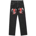 Y2K Bat Animal Embroidery Baggy Jeans Vintage Men Black Washed Hip Hop Goth Denim Pants Fashion Women Straight Wide Leg Trousers