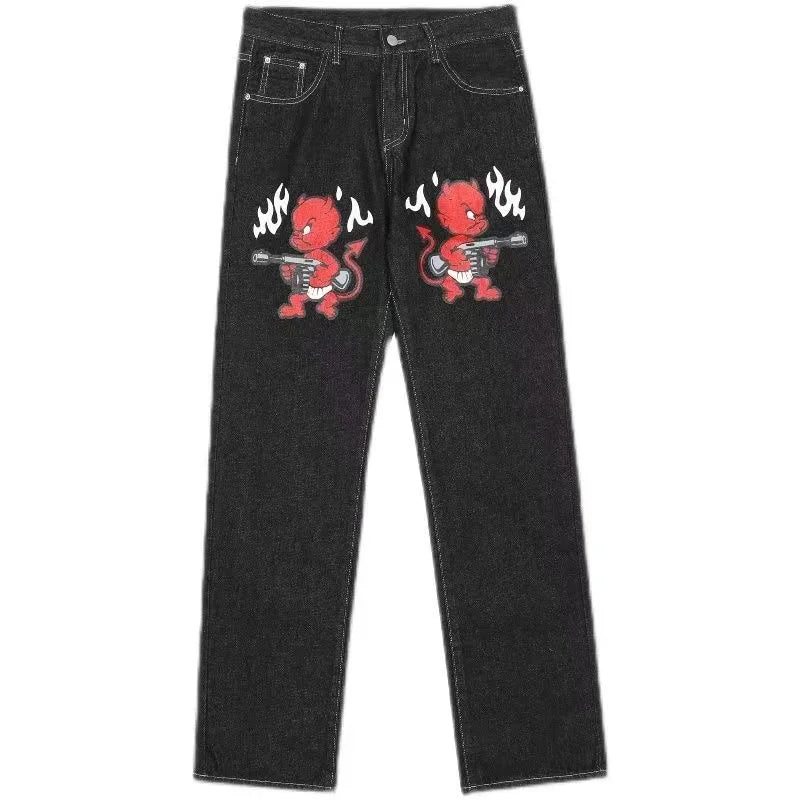 Y2K Bat Animal Embroidery Baggy Jeans Vintage Men Black Washed Hip Hop Goth Denim Pants Fashion Women Straight Wide Leg Trousers