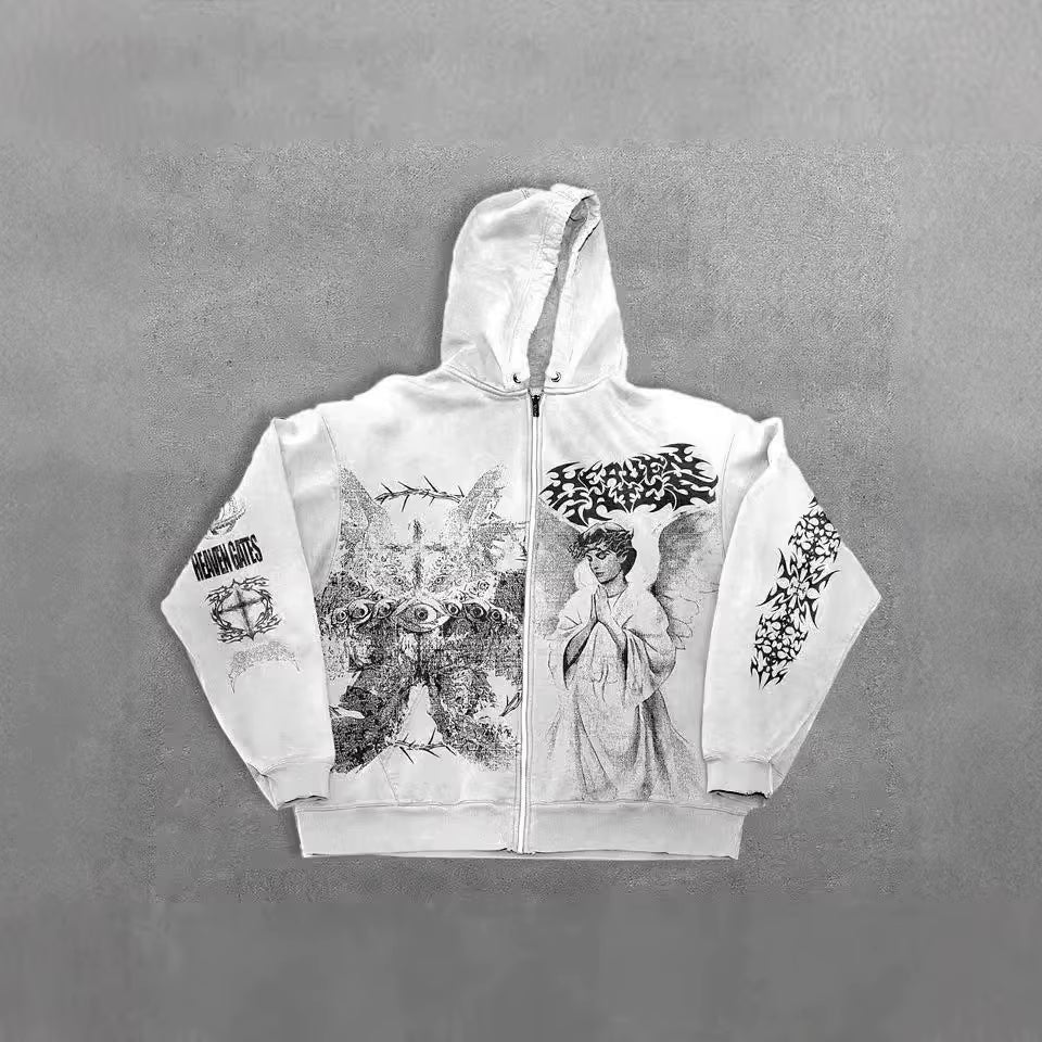 American Style Autumn New Angel Print Hooded Zipper Front Logo Regular Sleeve Unisex Loose Y2K Retro Polyester Hoodie