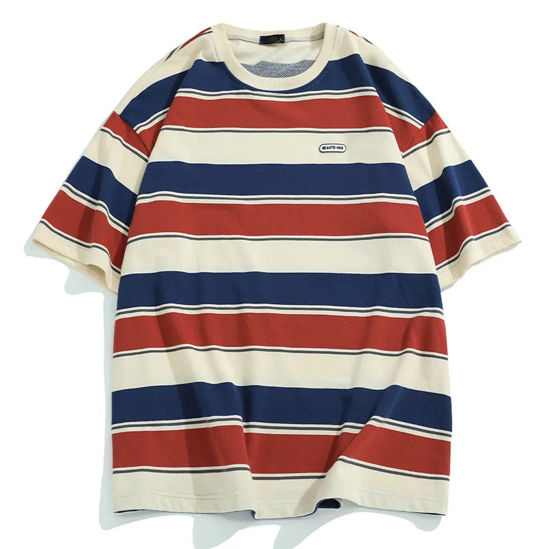 Y2K Loose Contrast Color Short Sleeve Striped T-Shirts Couples Men Summer Tops Clothes Clothing Streetwear Unisex Tees