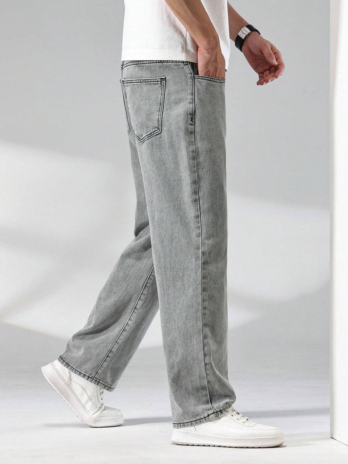 Quarkem Men\ Solid Straight Leg Jeans, Grey Baggy Jeans Men, Loose Jeans Pants for Men, Men'S Grey Jeans, Baggy Jeans