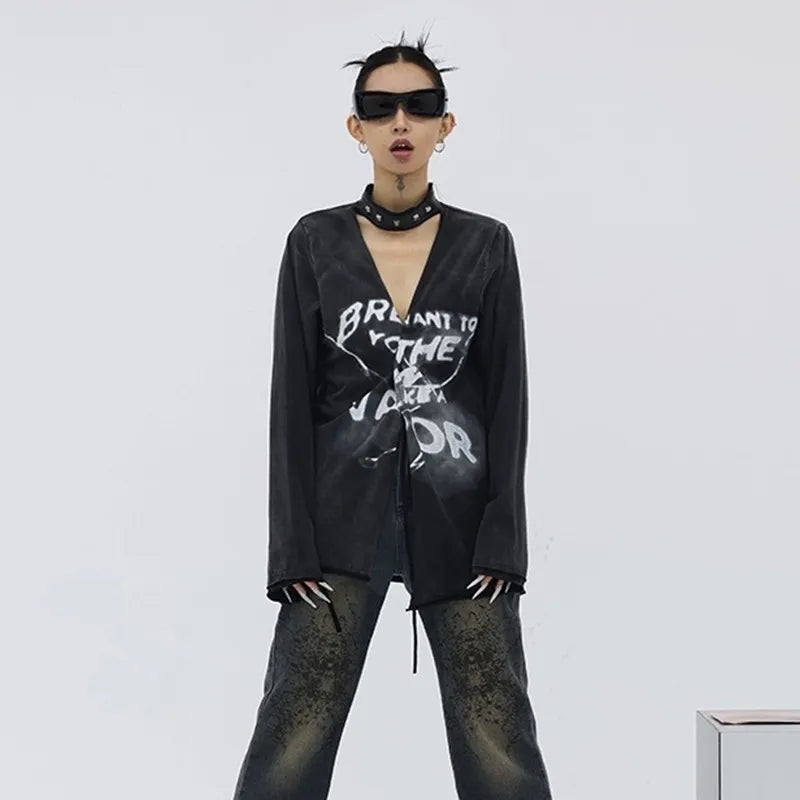 Karrcat Grunge Aesthetics Distressed Shirt Cyber Y2K Black Blouses Gothic Graffiti Print Shirts Yamamoto Style V-Neck Clothes