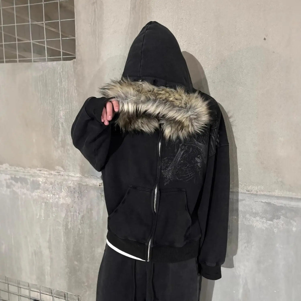 2000S Vintage Therian Fur Hood Jacket Y2K Goth Zip up Hoodie Oversized Graphic Sweatshirt Emo Grunge Streetwear Fall Winter 2025