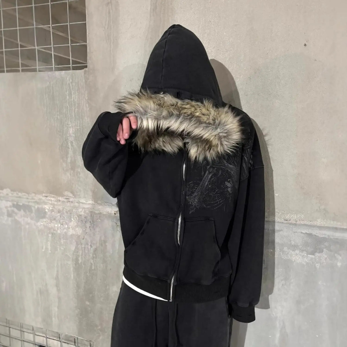 2000S Vintage Therian Fur Hood Jacket Y2K Goth Zip up Hoodie Oversized Graphic Sweatshirt Emo Grunge Streetwear Fall Winter 2025