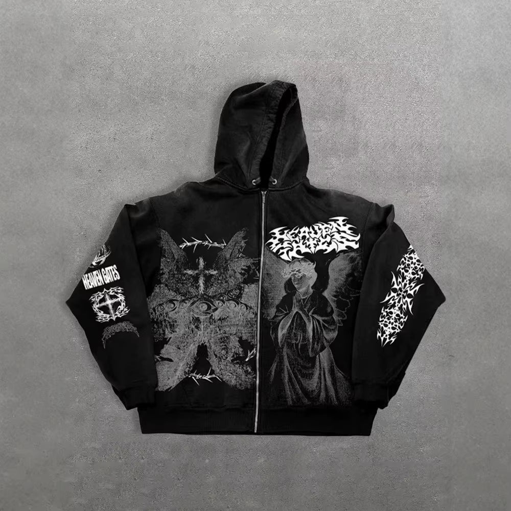 American Style Autumn New Angel Print Hooded Zipper Front Logo Regular Sleeve Unisex Loose Y2K Retro Polyester Hoodie